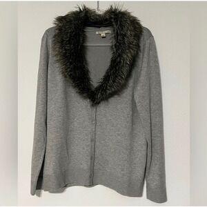 Carolyn Taylor Faux Fur Collar Button Front Cardigan Gray Knit Sweater Sz Large
